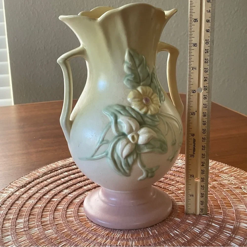 Vintage Hull Art Floral Double Handle Pottery Vase Pink Yellow Pink Green